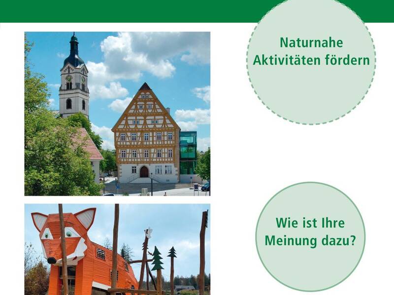 Das Bild zeigt ein Plakat mit dem Titel "Neuhausen soll grüner werden", das verschiedene Vorschläge zur Förderung naturnaher Aktivitäten, wie Kugelbahnen und Walderlebnisse, mit begleitenden Bildern historischer Gebäude, eines Spielplatzes und eines Waldes präsentiert.