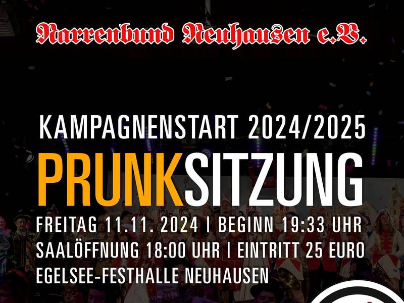 Eine Ankündigung für den Kampagnenstart 2024/2025 des "Narrenbund Neuhausen e.V." mit einer Prunksitzung am 11. November 2024 in der Egelsee-Festhalle.