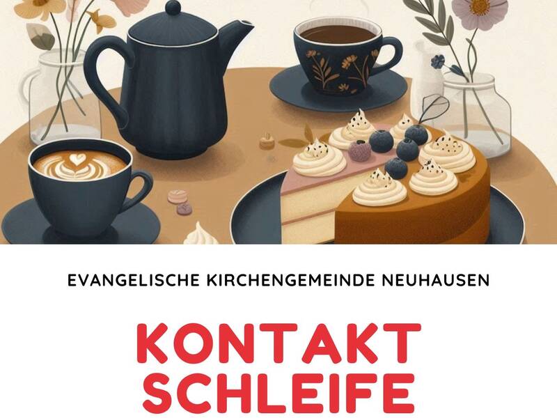 Auf dem Bild sind eine Teekanne und Tassen mit Kaffee neben einer Sahnetorte mit Beeren sowie Blumen in Vasen zu sehen, über dem Schriftzug "Evangelische Kirchengemeinde Neuhausen - Kontaktschleife".