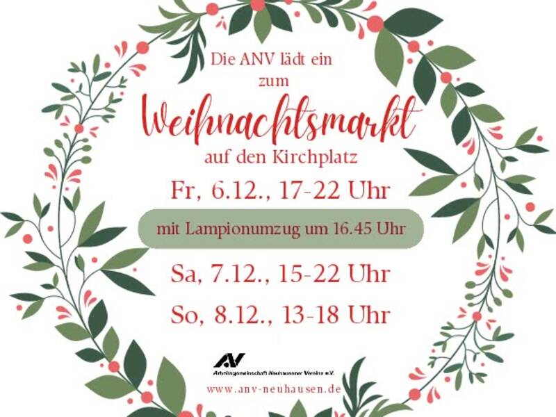 Eine Einladung der ANV zu einem Weihnachtsmarkt auf dem Kirchplatz vom 6. bis 8. Dezember mit einem Kranz aus grünen Blättern und roten Beeren um den Text.