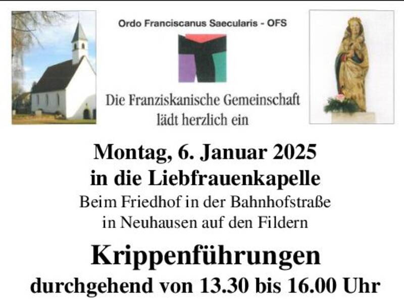 Die Einladung zeigt eine Kirche, eine Statue und Informationen über Krippenführungen am 6. Januar 2025 in der Liebfrauenkapelle in Neuhausen auf den Fildern.