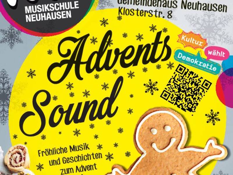 Ein Plakat mit der Aufschrift "Advents Sound" zeigt weihnachtliche Motive, wie ein Lebkuchenmännchen, und bewirbt fröhliche Musik und Geschichten zum Advent.