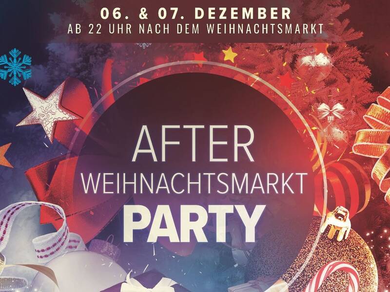 Ein festlich dekoriertes Bild mit roten Schleifen, Sternen und Schneeflocken, das für eine "After Weihnachtsmarkt Party" am 6. und 7. Dezember wirbt.