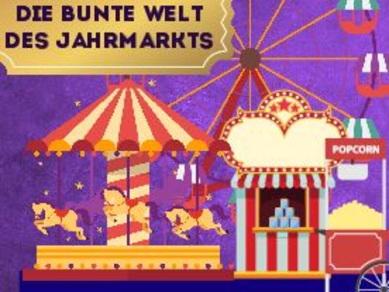 Ein farbenfrohes Jahrmarktplakat zeigt ein Karussell mit Pferden, ein Riesenrad und einen Popcornstand vor einem lila Hintergrund.