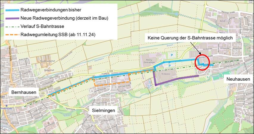 Eine Karte zeigt die bestehenden und neuen Radwegeverbindungen sowie eine Radwegumleitung in einem Gebiet zwischen Bernhausen, Sielmingen und Neuhausen, wobei eine Stelle markiert ist, an der keine Querung der S-Bahntrasse möglich ist.