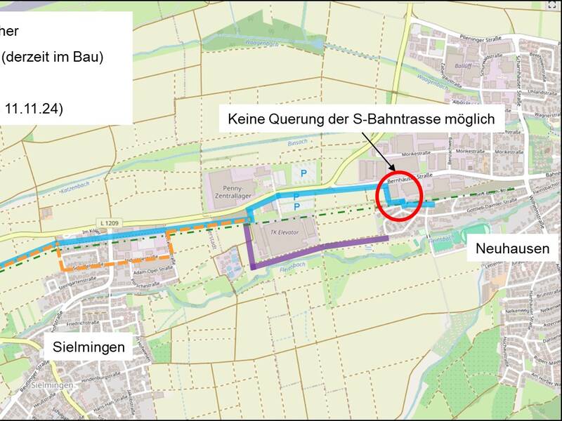 Eine Karte zeigt die bestehenden und neuen Radwegeverbindungen sowie eine Radwegumleitung in einem Gebiet zwischen Bernhausen, Sielmingen und Neuhausen, wobei eine Stelle markiert ist, an der keine Querung der S-Bahntrasse möglich ist.