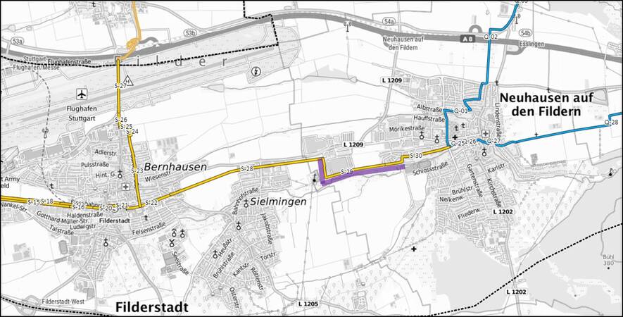 Ausschnitt aus WebGIS zur Machbarkeitsstudie Radschnellweg Fildern