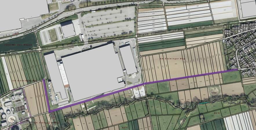 Verlauf der Radwegtrasse mit einer Länge von 860 Metern, schematische Darstellung auf einer Karte, Ansicht von oben